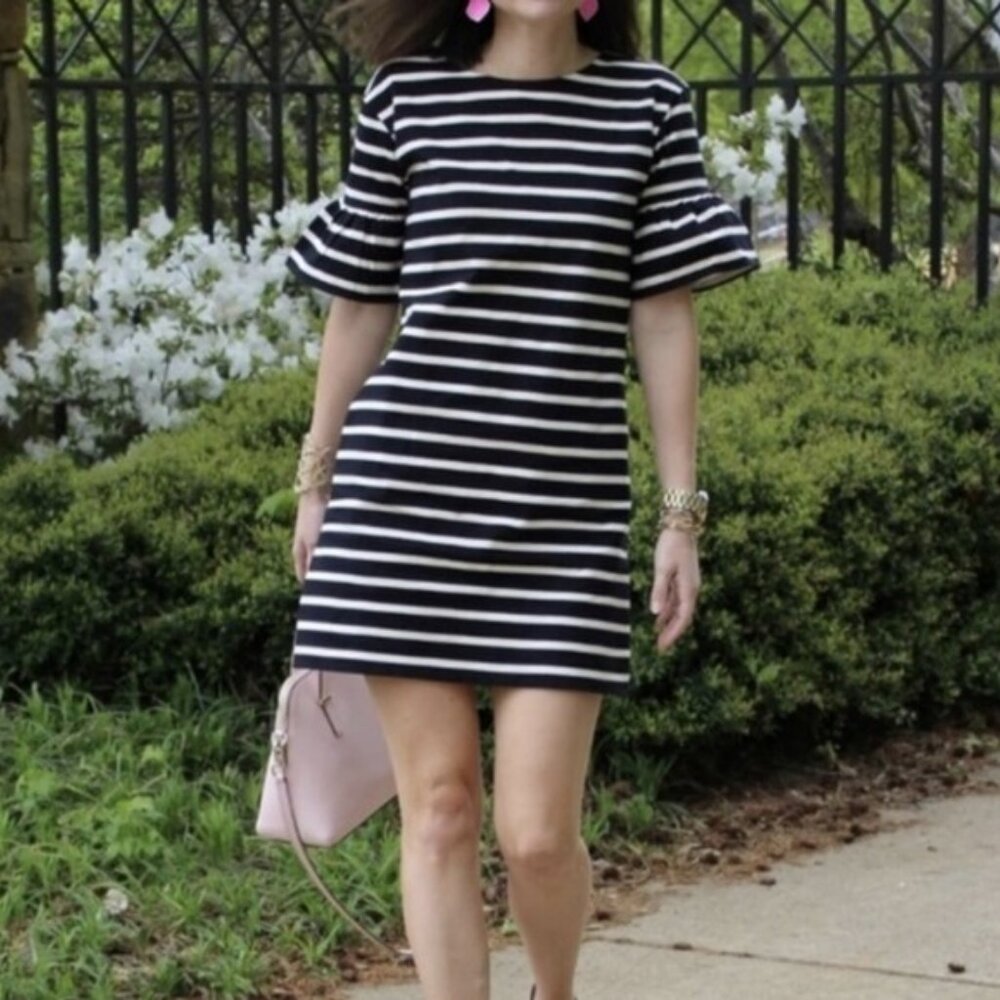 J. CREW Black and White Striped Ruffled Bell Sleeve Shift Dress Womens Size M‎